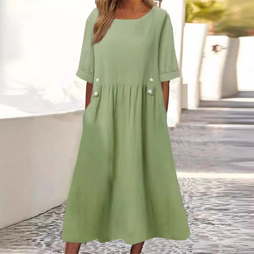 Cotton-Linen Blend Autumn Dress, Midi Length, Crew Neck, Breathable - Perfect for Autumn Walks - Green
