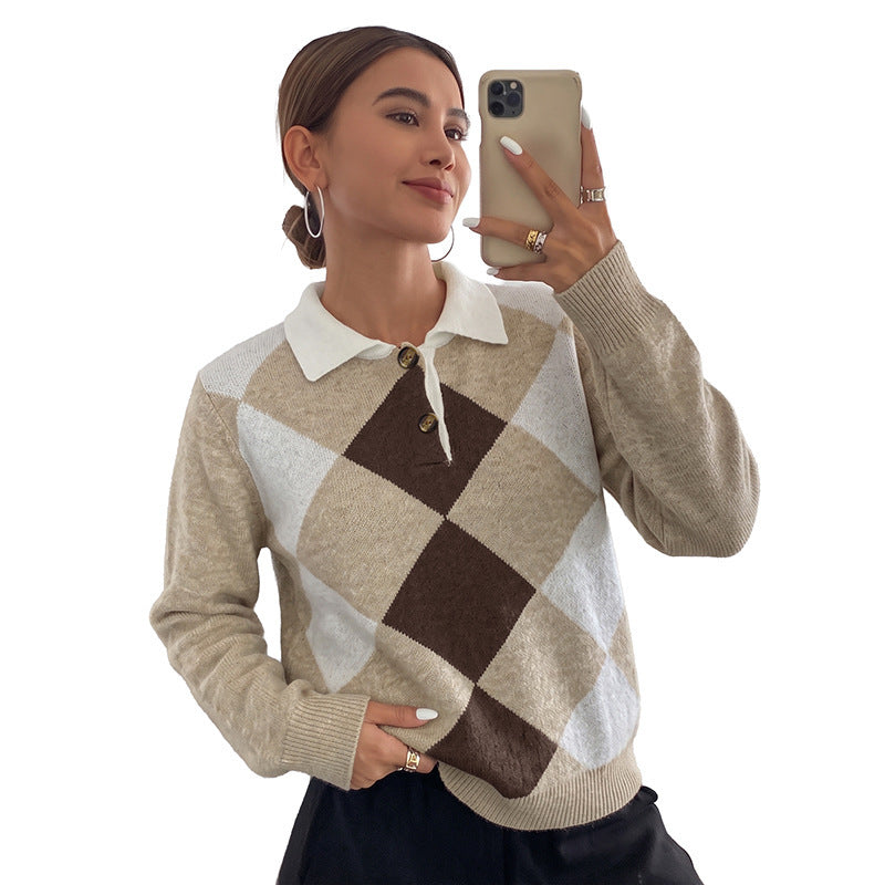 Women’s Elegant Checked Knit Polo Shirt