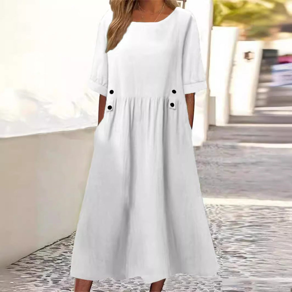 Cotton-Linen Blend Autumn Dress, Midi Length, Crew Neck, Breathable - Perfect for Autumn Walks - White
