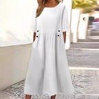 Cotton-Linen Blend Autumn Dress, Midi Length, Crew Neck, Breathable - Perfect for Autumn Walks - White