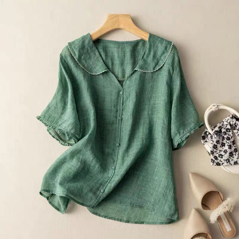 Women's Short-Sleeve Blouse with Wave Collar and Relaxed Fit - Green
