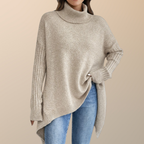 Women's Long Turtleneck Sweater with Extended Back - Beige
