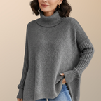 Women's Long Turtleneck Sweater with Extended Back - Gray