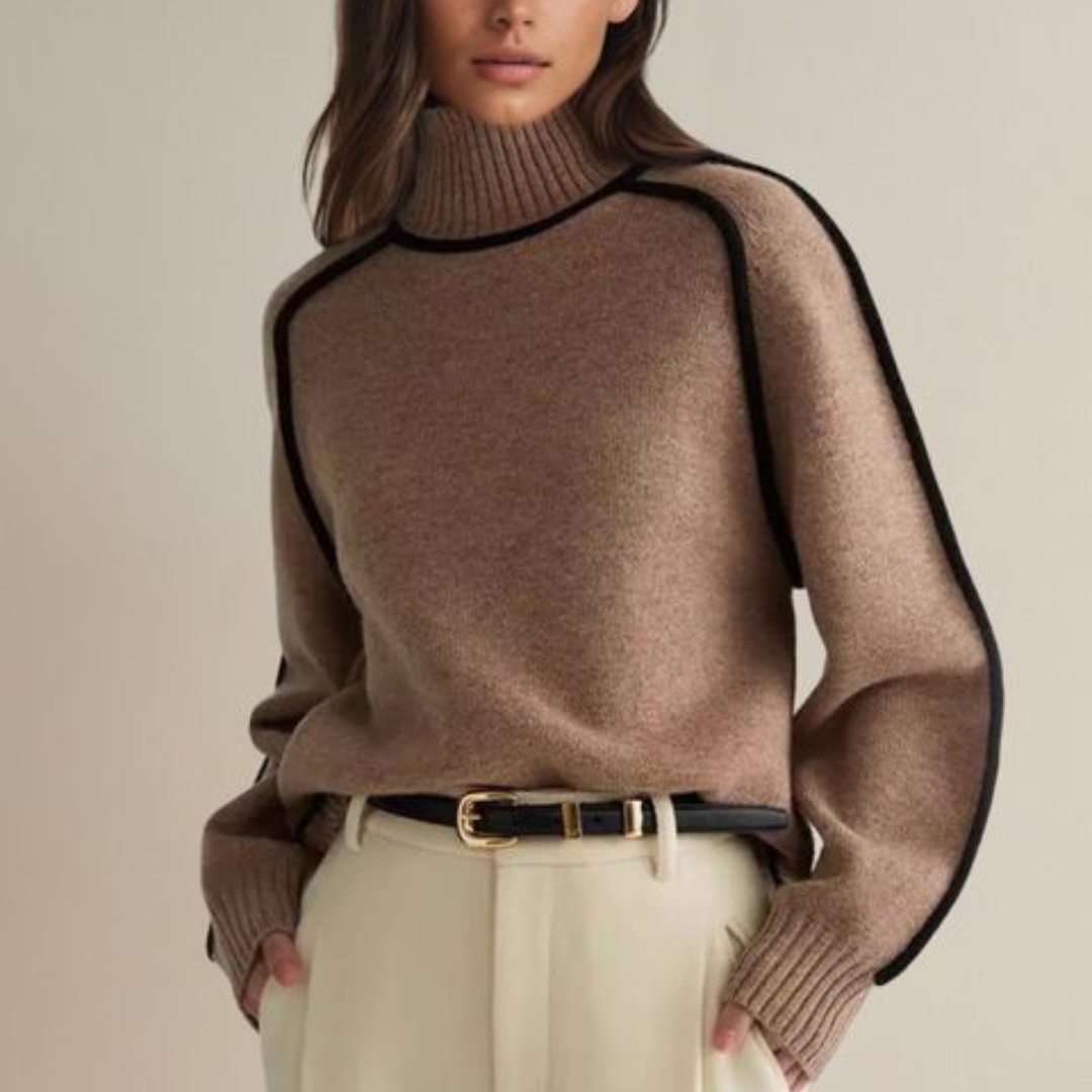 Women's Autumn Turtleneck Sweater, Long Sleeve with Relaxed Fit and High Collar - Brown