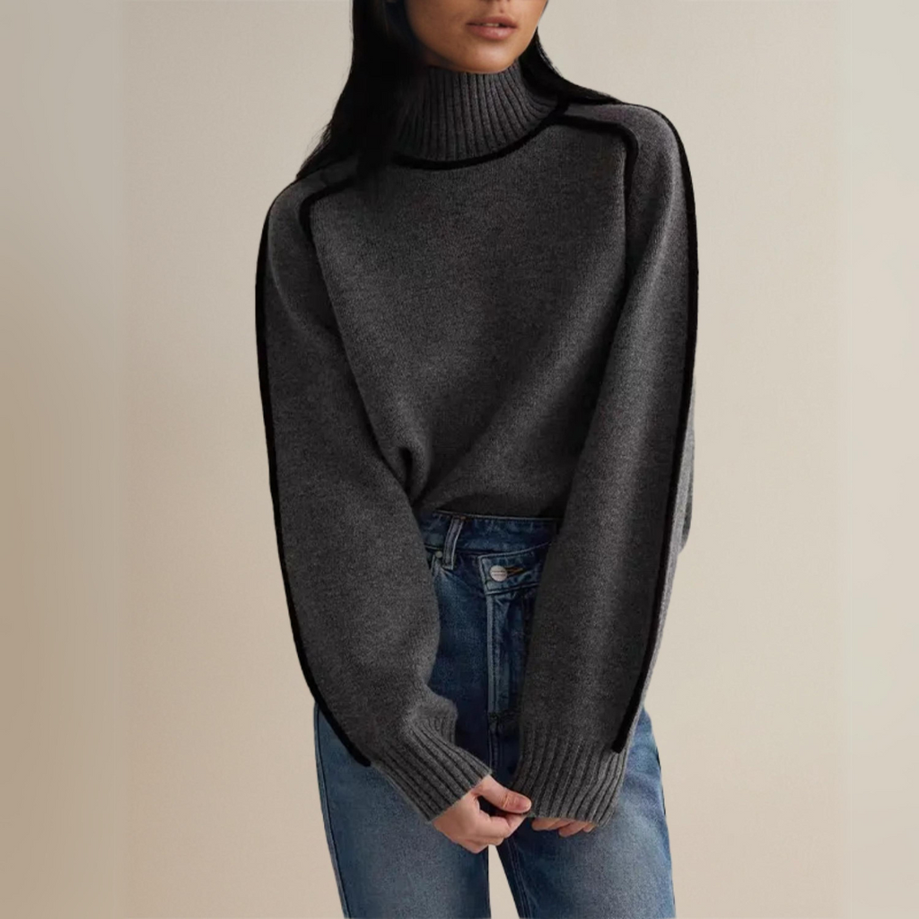 Women's Autumn Turtleneck Sweater, Long Sleeve with Relaxed Fit and High Collar - Gray