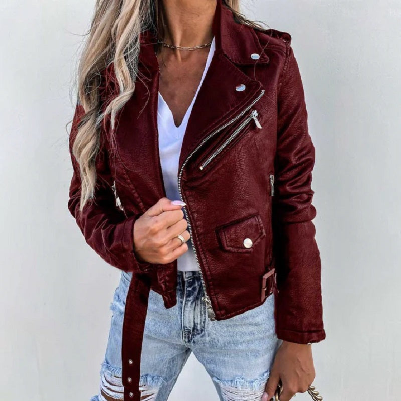 Schwarze Bikerjacke aus Kunstleder für Damen mit asymmetrischem Reißverschluss