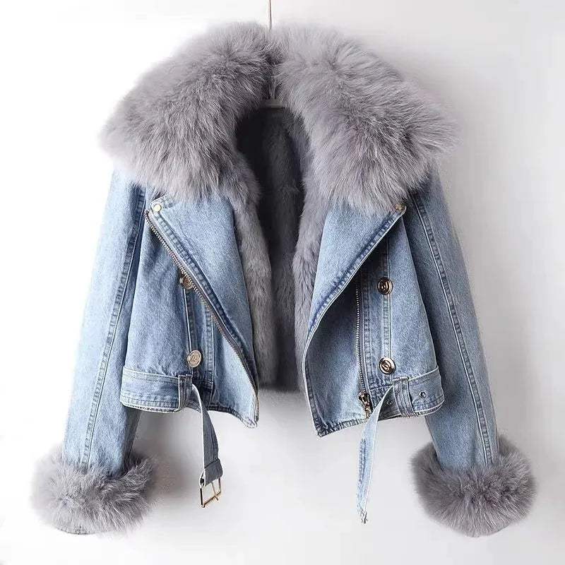 Luxuriöser Jeansmantel für Damen mit herausnehmbarem Pelzfutter