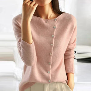 Women's Autumn Sweater with Knit-Look and Button Details - Pink