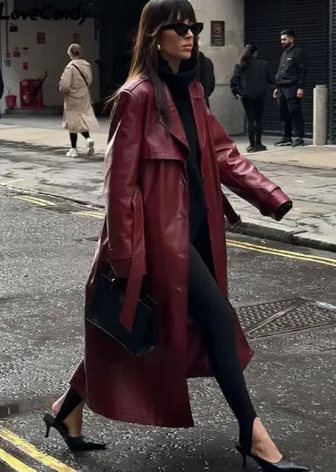 Long Women's Jacket with Lace-Up Details | Perfect for Autumn - Red