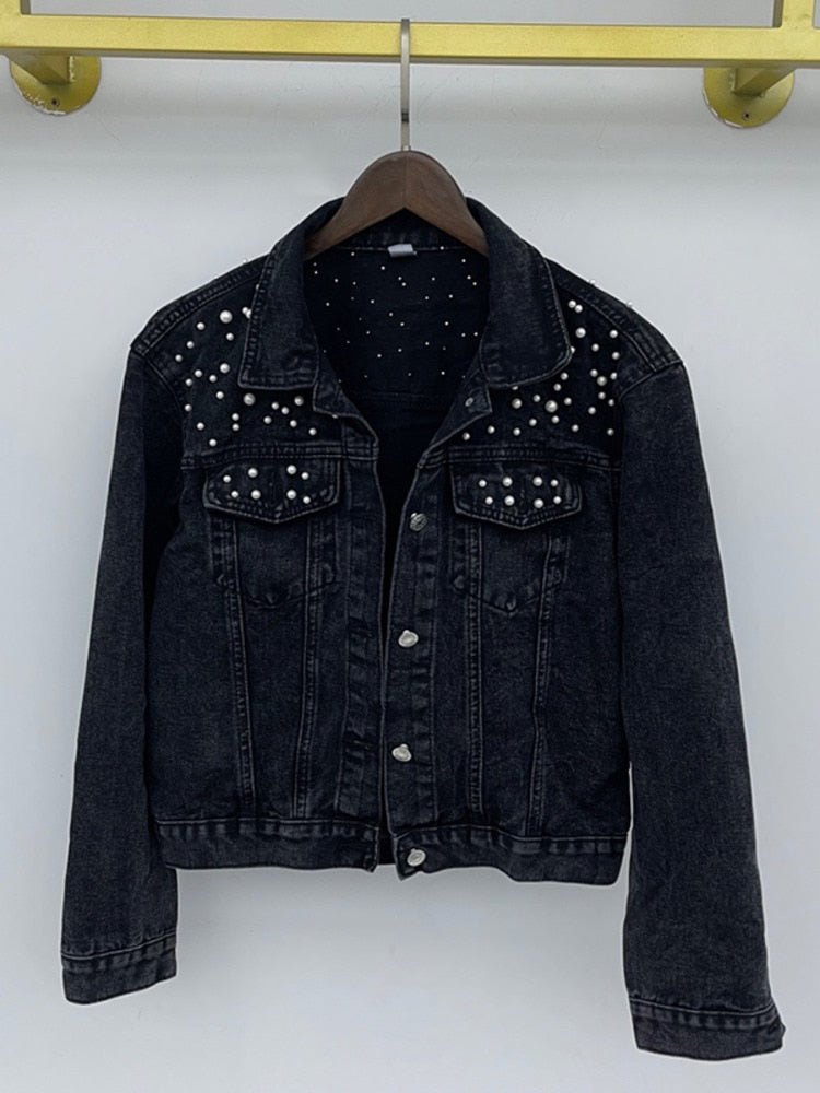 Schicke Oversize-Jeansjacke für Damen mit Perlenbesatz – lässig & stylisch