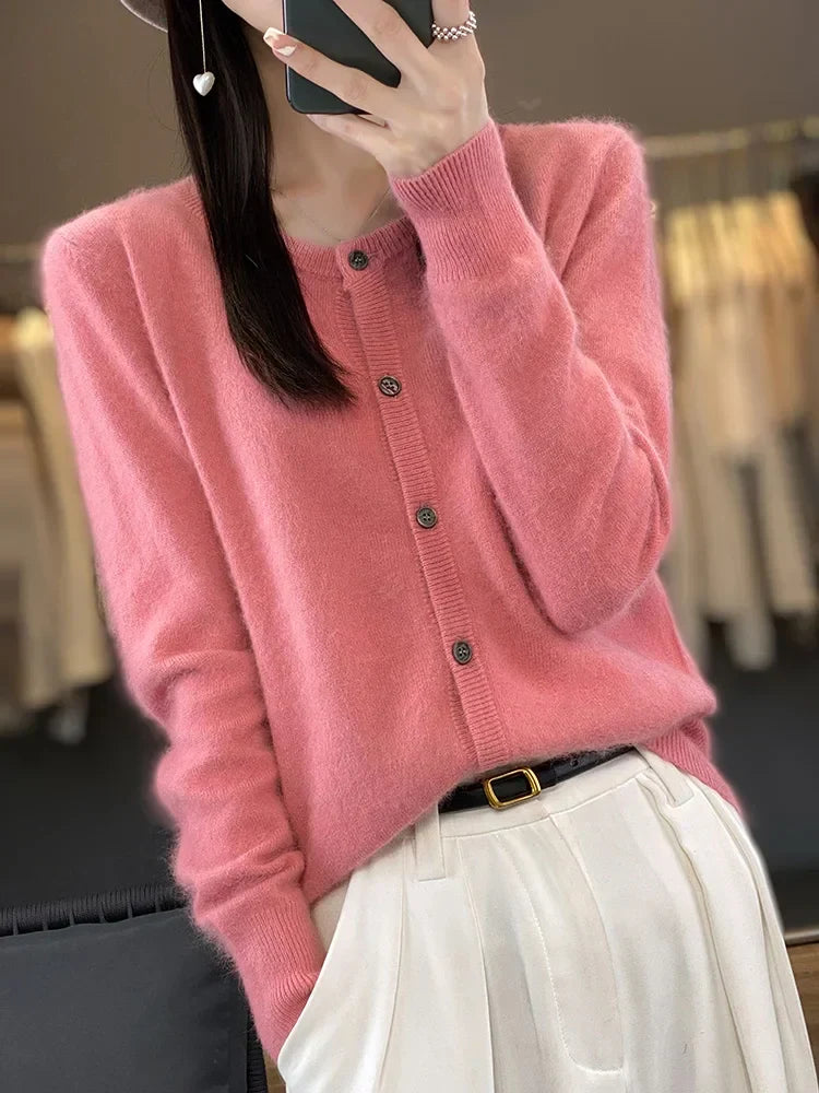 Women's Autumn Sweater with Button Placket, Crew Neck, Relaxed Fit - Pink