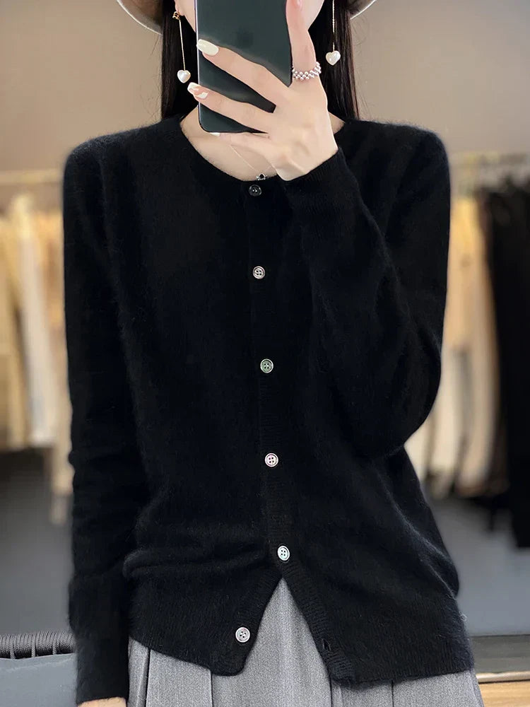 Women's Autumn Sweater with Button Placket, Crew Neck, Relaxed Fit - Black