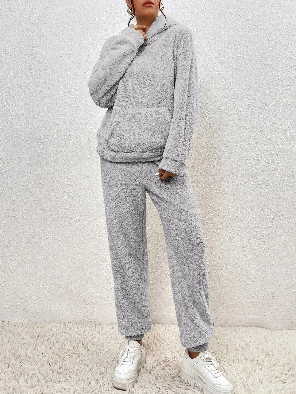 Warm Teddy Fleece Loungewear Set with Hood, Breathable - Perfect for Autumn and Winter - Gray