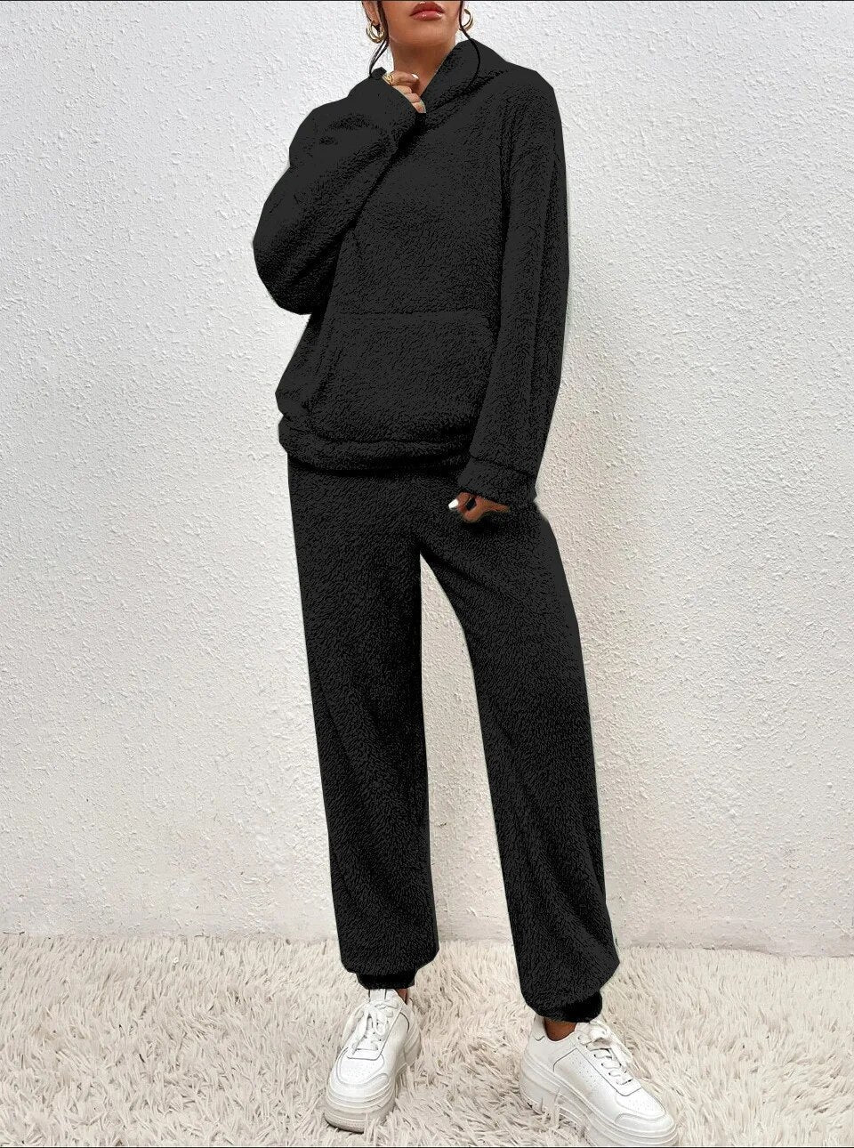 Warm Teddy Fleece Loungewear Set with Hood, Breathable - Perfect for Autumn and Winter - Black
