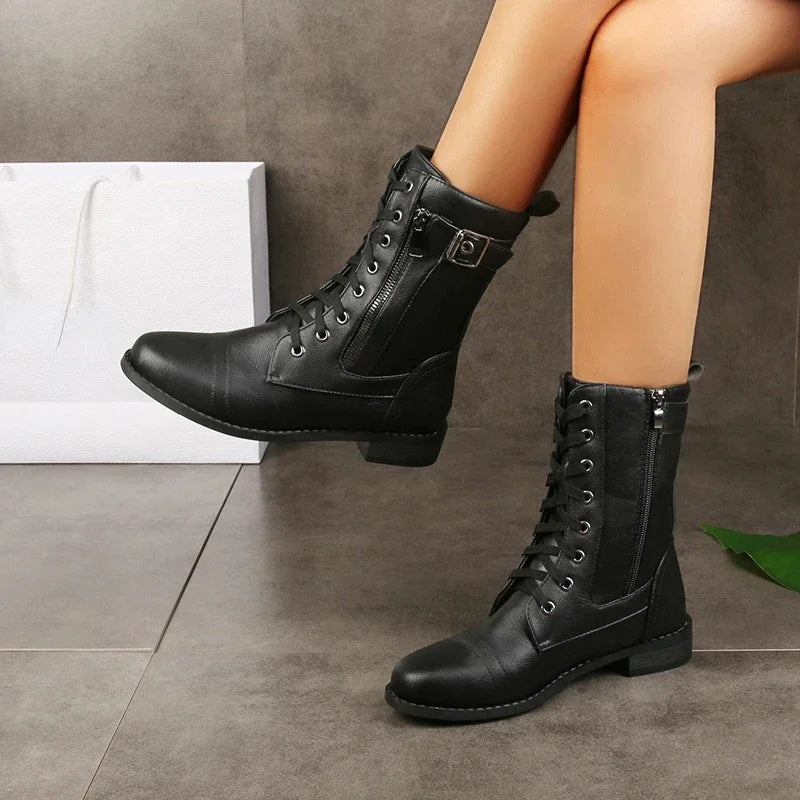 Women's Ankle Boots with Side Zipper, Buckle and Low Block Heel - Black
