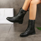 Women's Ankle Boots with Side Zipper, Buckle and Low Block Heel - Black