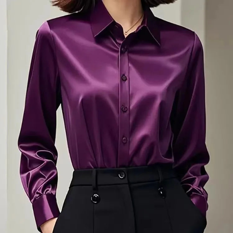 Women's Satin Blouse with Button Placket and Cuffed Sleeves - Purple