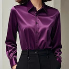 Women's Satin Blouse with Button Placket and Cuffed Sleeves - Purple