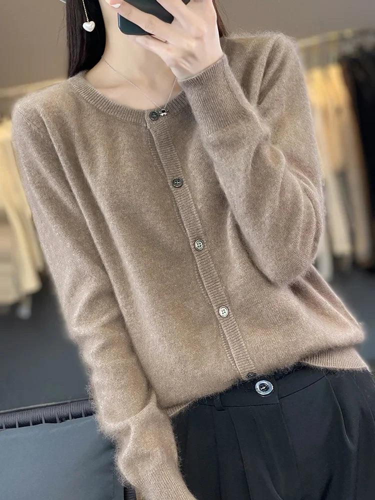 Women's Autumn Sweater with Button Placket, Crew Neck, Relaxed Fit - Camel