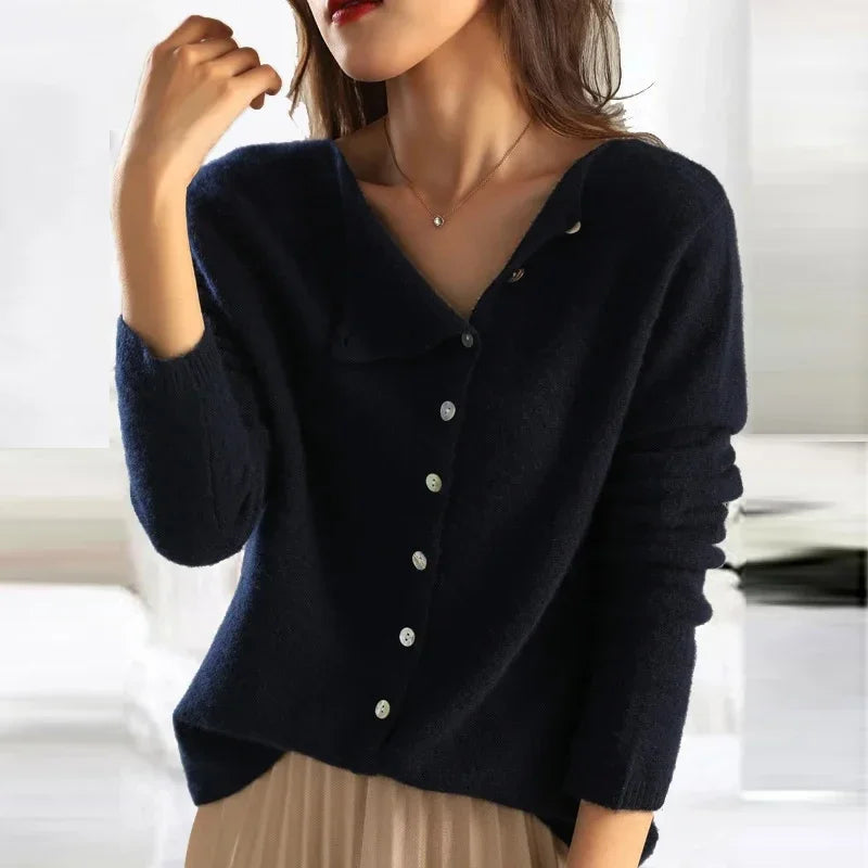 Women's Autumn Sweater with Knit-Look and Button Details - Black