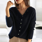 Women's Autumn Sweater with Knit-Look and Button Details - Black
