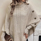 Women's Turtleneck Poncho with Textured Knit and Button Sleeves - Khaki
