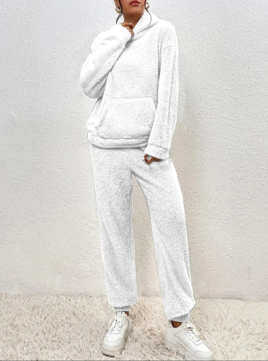 Warm Teddy Fleece Loungewear Set with Hood, Breathable - Perfect for Autumn and Winter - White