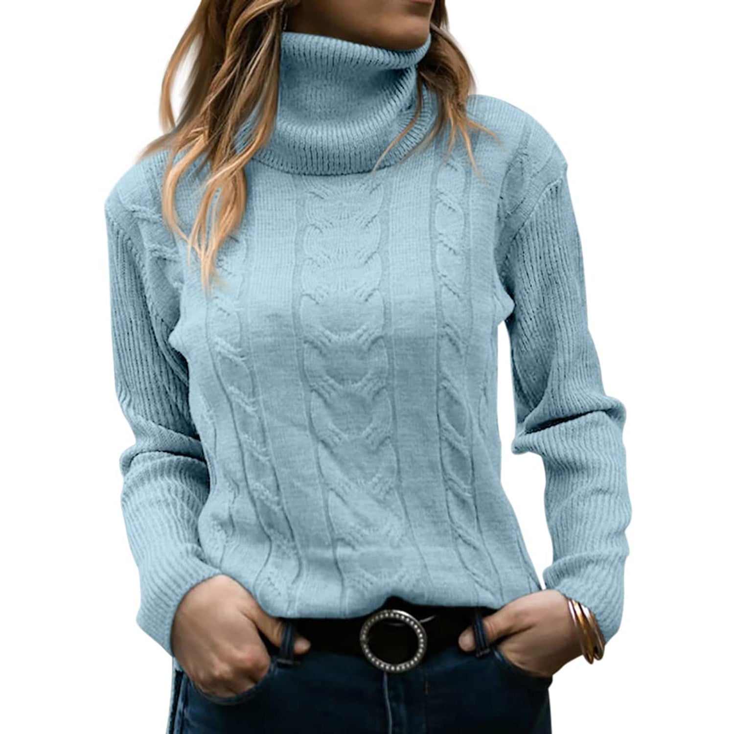 Women's Knit Turtleneck Sweater with Flattering Fit | Perfect for the Cold Season - Light Blue