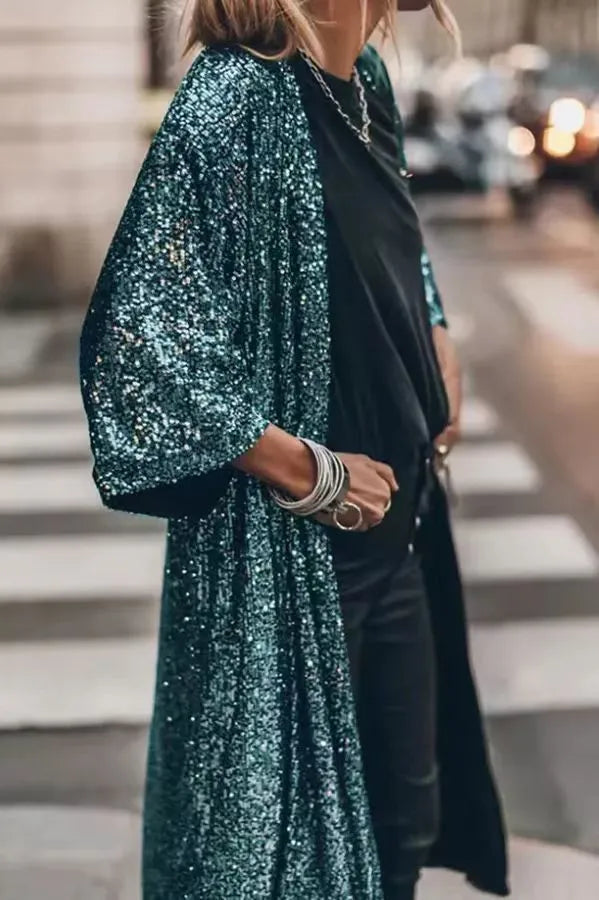 Long Evening Coat with Waist Belt and Pockets | Perfect for Autumn - Green