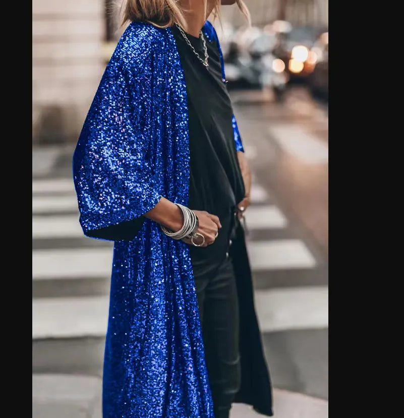 Long Evening Coat with Waist Belt and Pockets | Perfect for Autumn - Blue