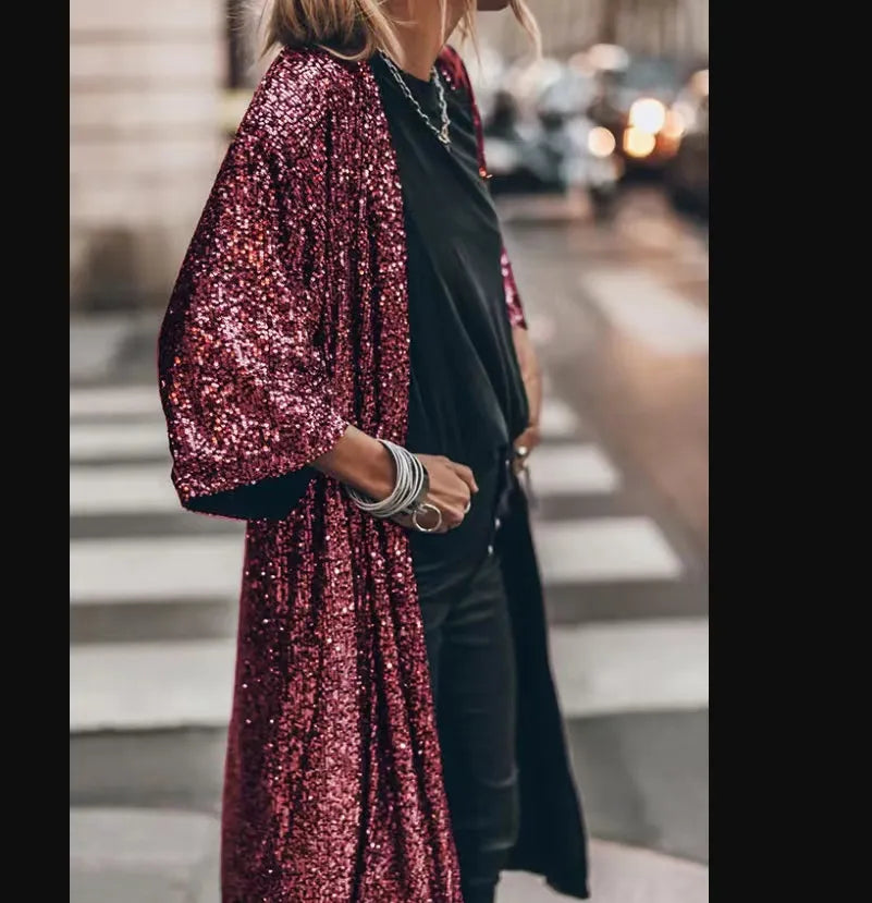 Long Evening Coat with Waist Belt and Pockets | Perfect for Autumn - Red
