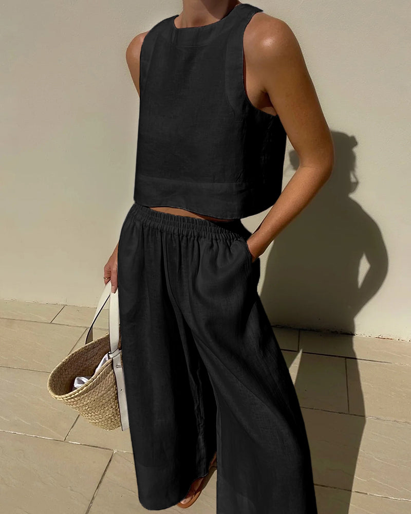 Two-Piece Sleeveless Set with Pants | Perfect for Summer - Black