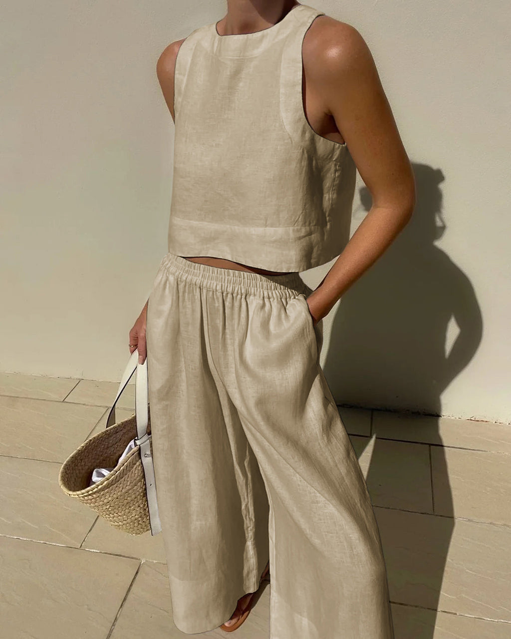 Two-Piece Sleeveless Set with Pants | Perfect for Summer - Apricot