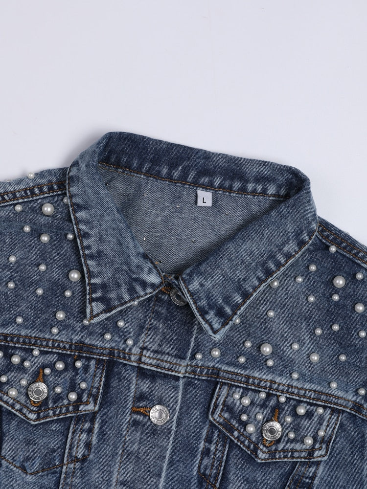 Schicke Oversize-Jeansjacke für Damen mit Perlenbesatz – lässig & stylisch