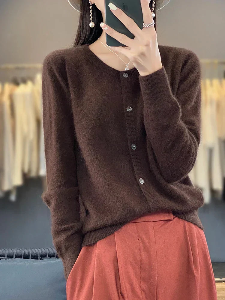 Women's Autumn Sweater with Button Placket, Crew Neck, Relaxed Fit - Coffee