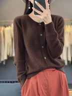 Women's Autumn Sweater with Button Placket, Crew Neck, Relaxed Fit - Coffee