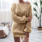 Women's Autumn Knit Dress with Off-Shoulder Neckline - Khaki