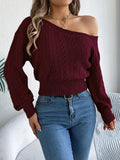 Women's Autumn Sweater with Angled Neckline and Off-Shoulder Design - Red