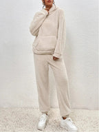 Warm Teddy Fleece Loungewear Set with Hood, Breathable - Perfect for Autumn and Winter - Beige