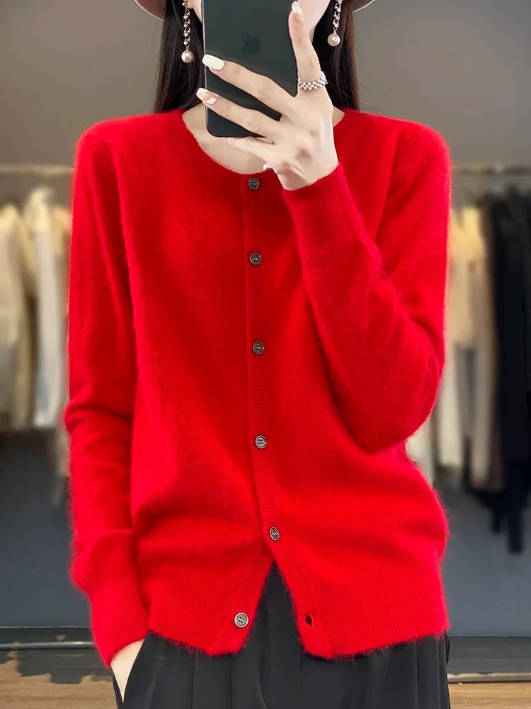 Women's Autumn Sweater with Button Placket, Crew Neck, Relaxed Fit - Red