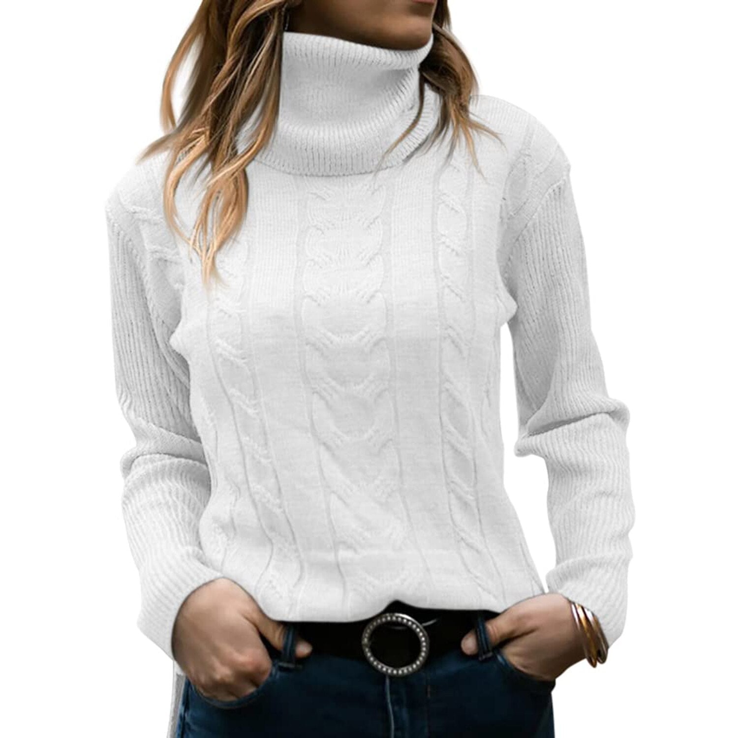 Women's Knit Turtleneck Sweater with Flattering Fit | Perfect for the Cold Season - White