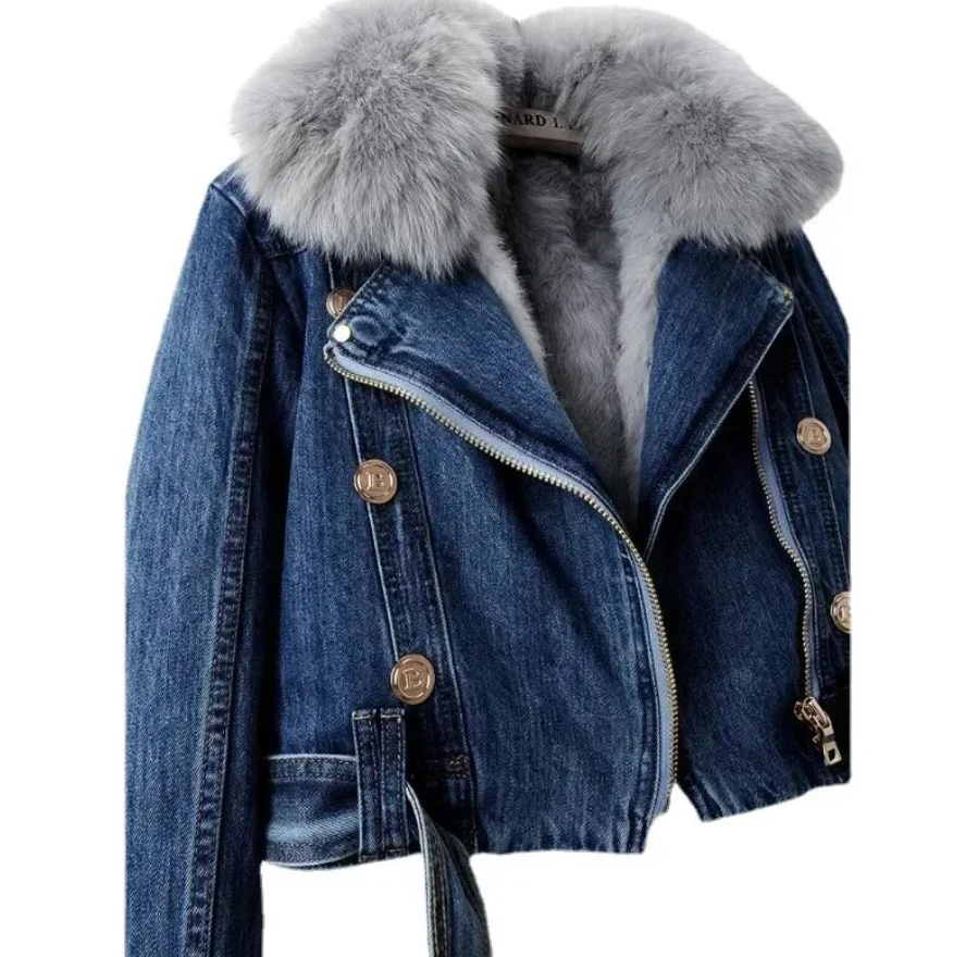 Luxuriöser Jeansmantel für Damen mit herausnehmbarem Pelzfutter