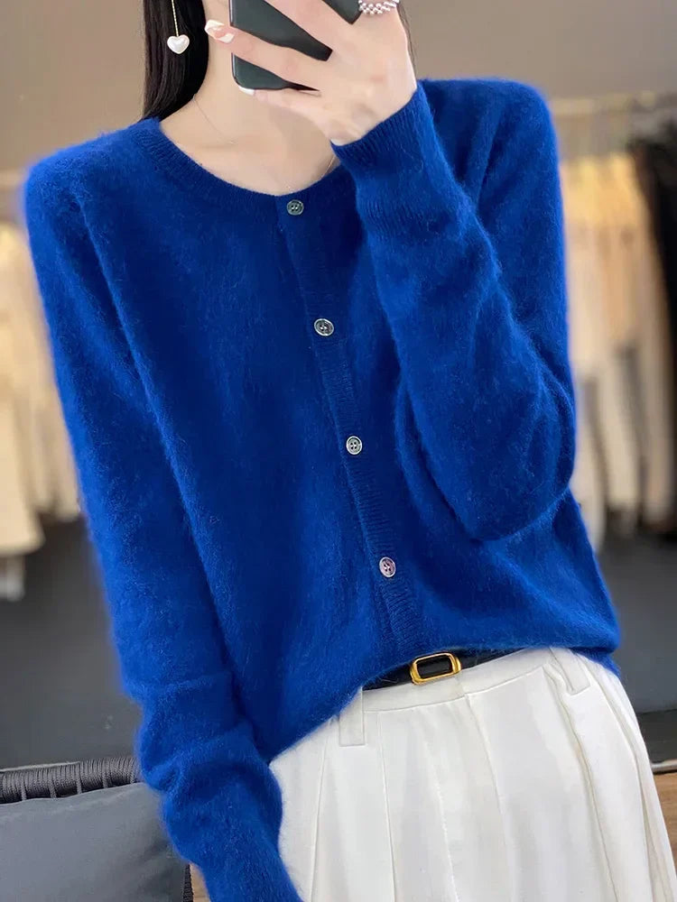 Women's Autumn Sweater with Button Placket, Crew Neck, Relaxed Fit - Blue