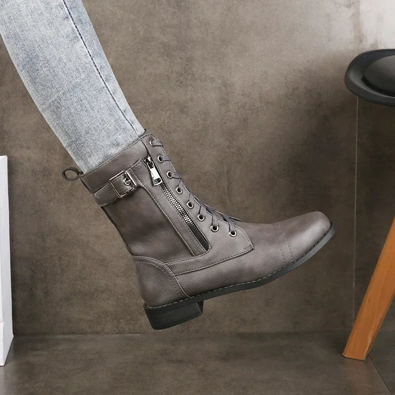 Women's Ankle Boots with Side Zipper, Buckle and Low Block Heel - Gray