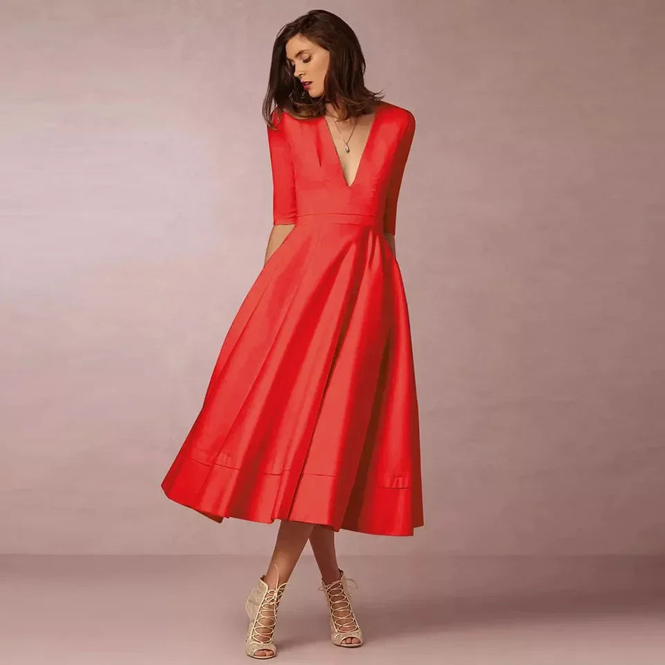 Women's Autumn A-Line Swing Dress, 60s Vintage Sleeveless Midi Dress for Cocktail and Party Occasions - Red