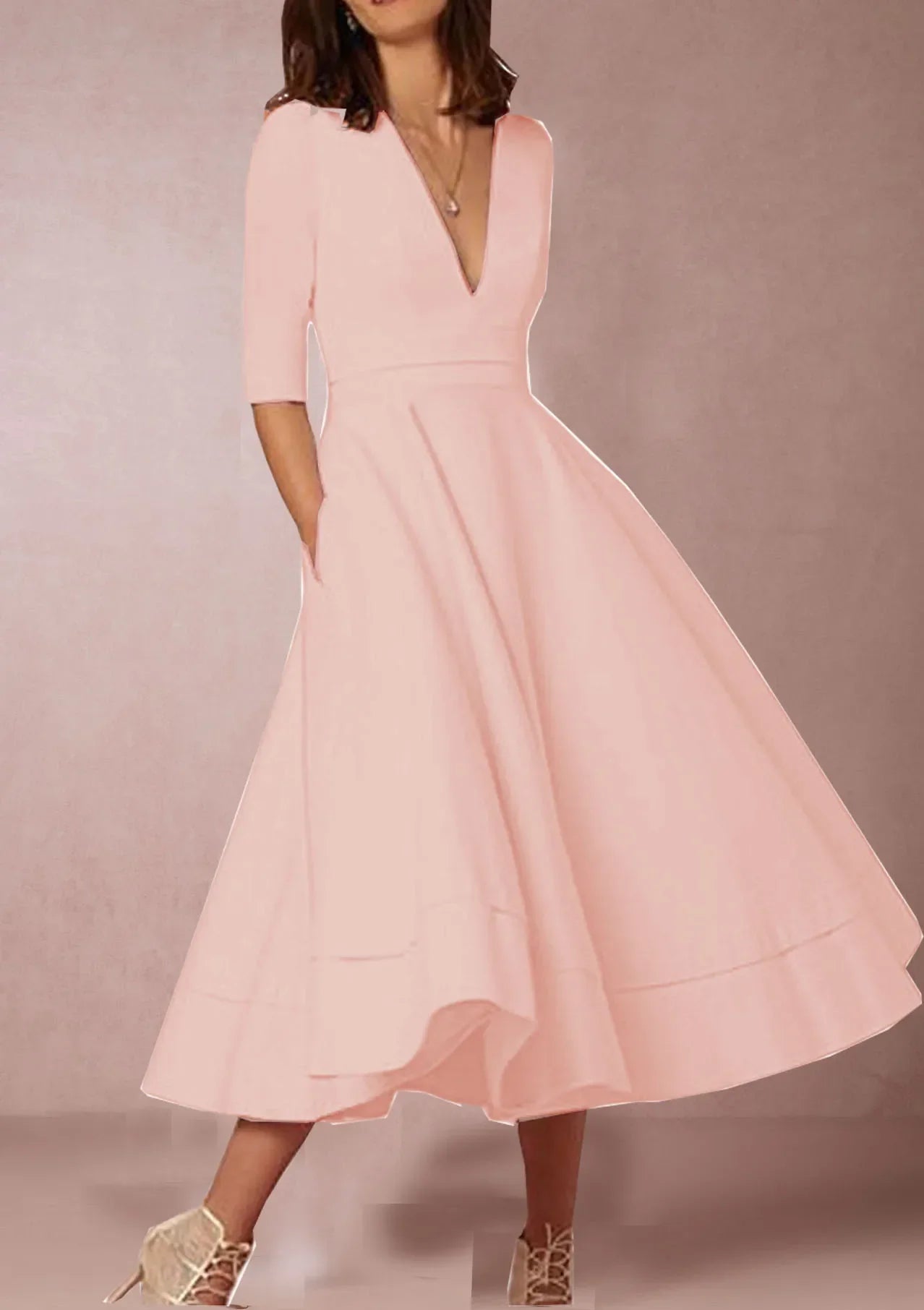 Women's Autumn A-Line Swing Dress, 60s Vintage Sleeveless Midi Dress for Cocktail and Party Occasions - Pink