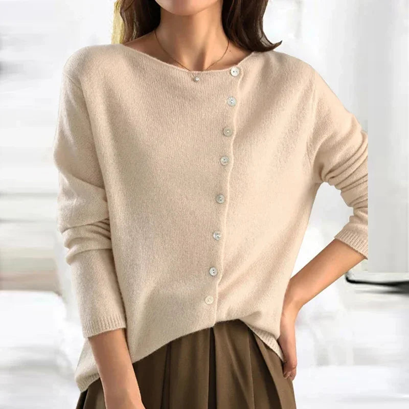 Women's Autumn Sweater with Knit-Look and Button Details - Cream