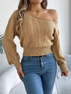 Women's Autumn Sweater with Angled Neckline and Off-Shoulder Design - Khaki
