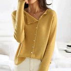 Women's Autumn Sweater with Knit-Look and Button Details - Yellow