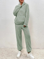 Warm Teddy Fleece Loungewear Set with Hood, Breathable - Perfect for Autumn and Winter - Green